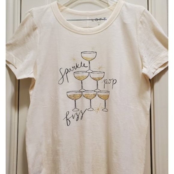 NWT LOFT Festive Metallic Gold Shimmering Champagne Glass Celebration T Size M - Picture 4 of 8